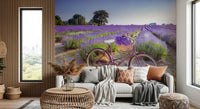 Purple floral landscape wallpaper for lounge area wall decoration.