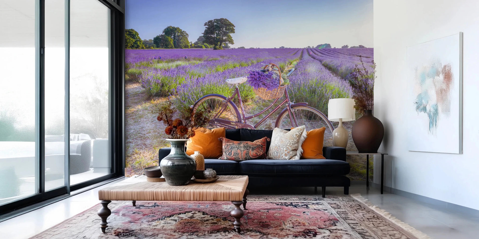 Lavender field wall mural for feature wall in a wellness space.