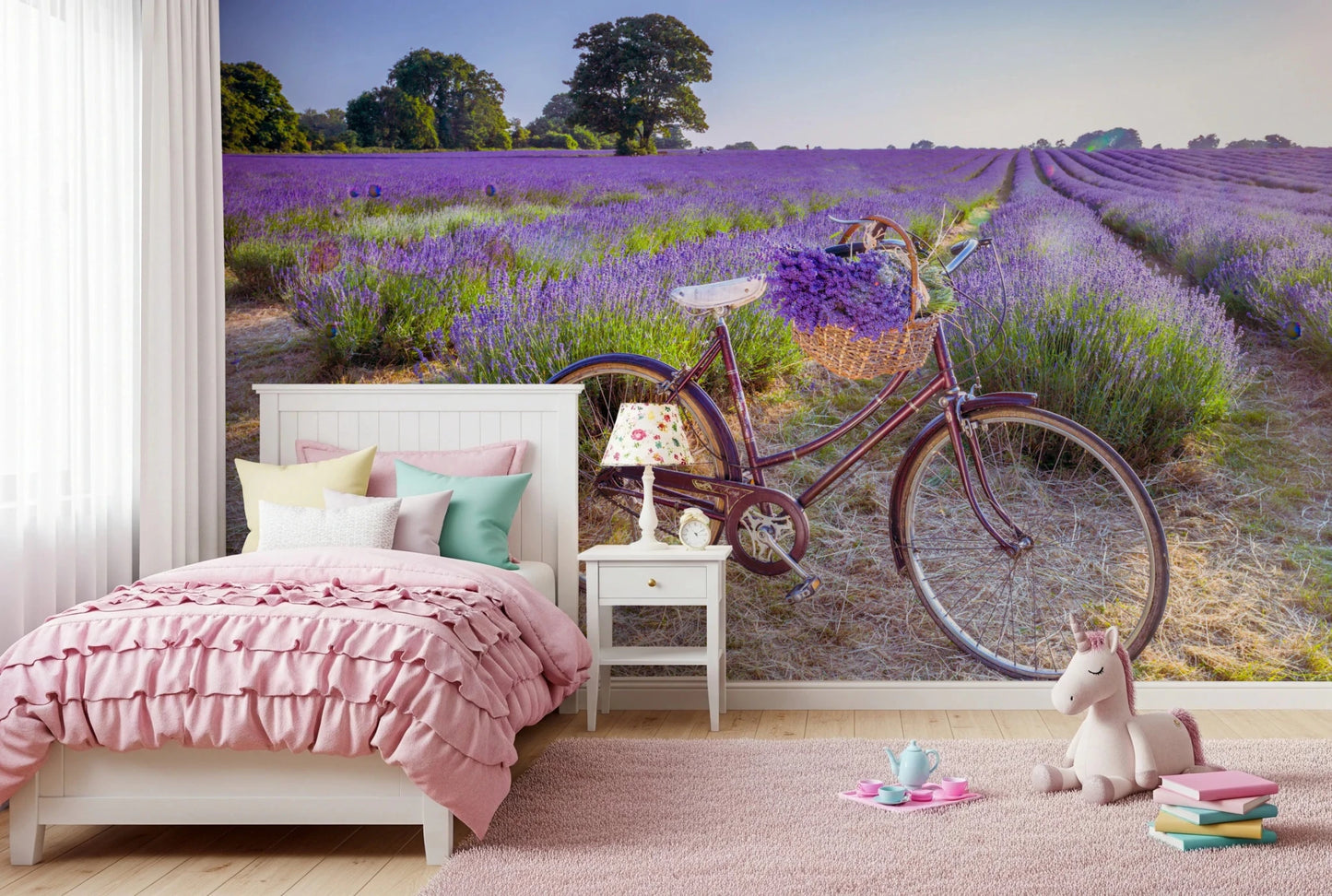 Bicycle in Lavender field Wall Mural for peaceful study room interior.