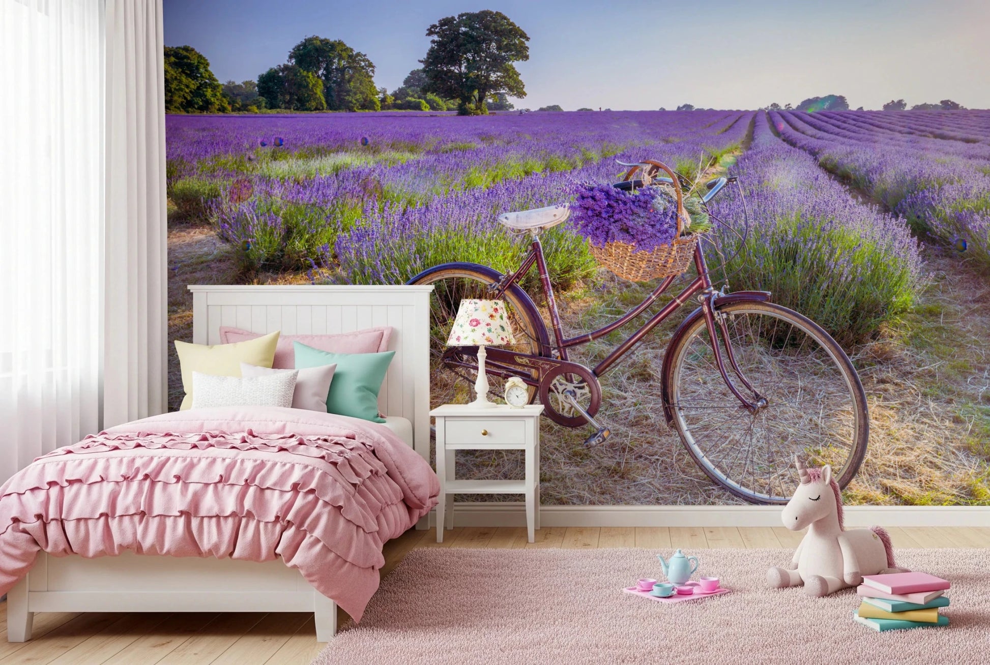Bicycle in Lavender field Wall Mural for peaceful study room interior.