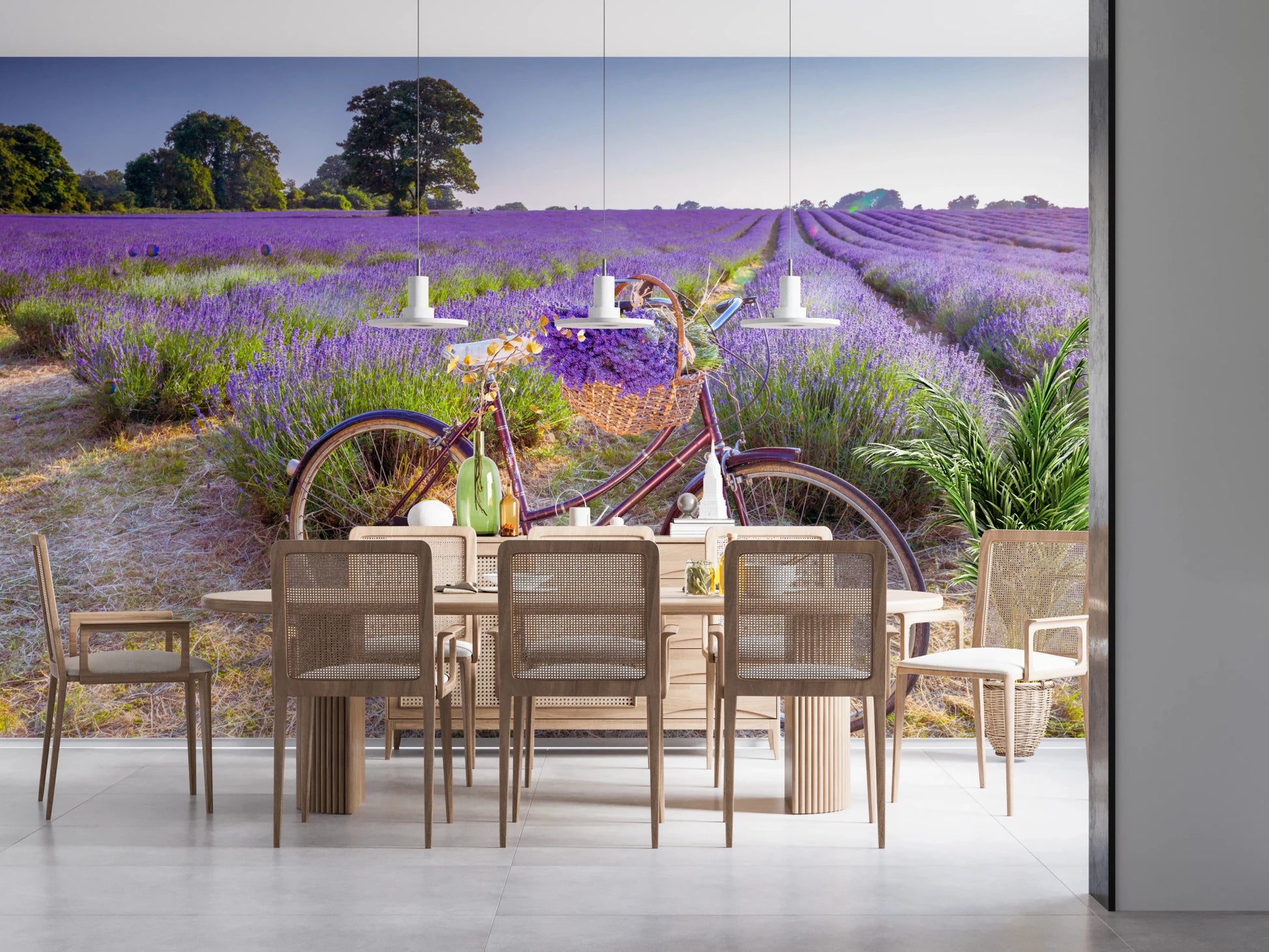 Floral meadow wall mural for dining room with summer sun vibes.