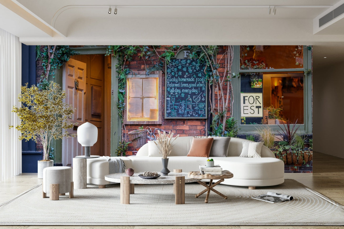 A calming quaint cafe wallpaper mural that defines a space.

