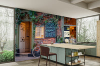 A peaceful cafe exterior mural on decorative wallpaper.

