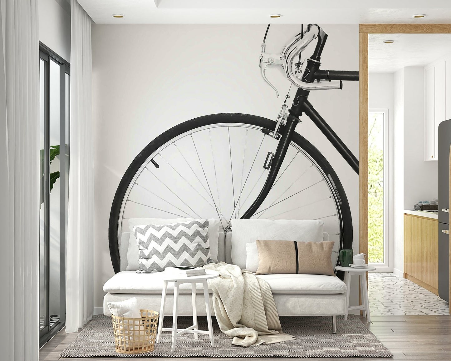 Bicycle mural with floral wheels in a whimsical girls’ room

