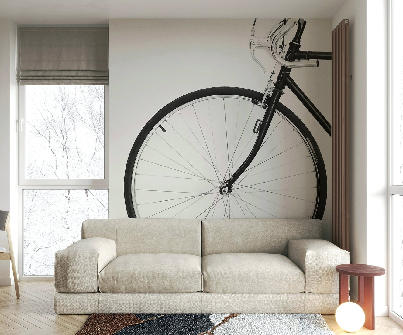 Vintage-style bicycle wall mural in neutral tones for cozy living room

