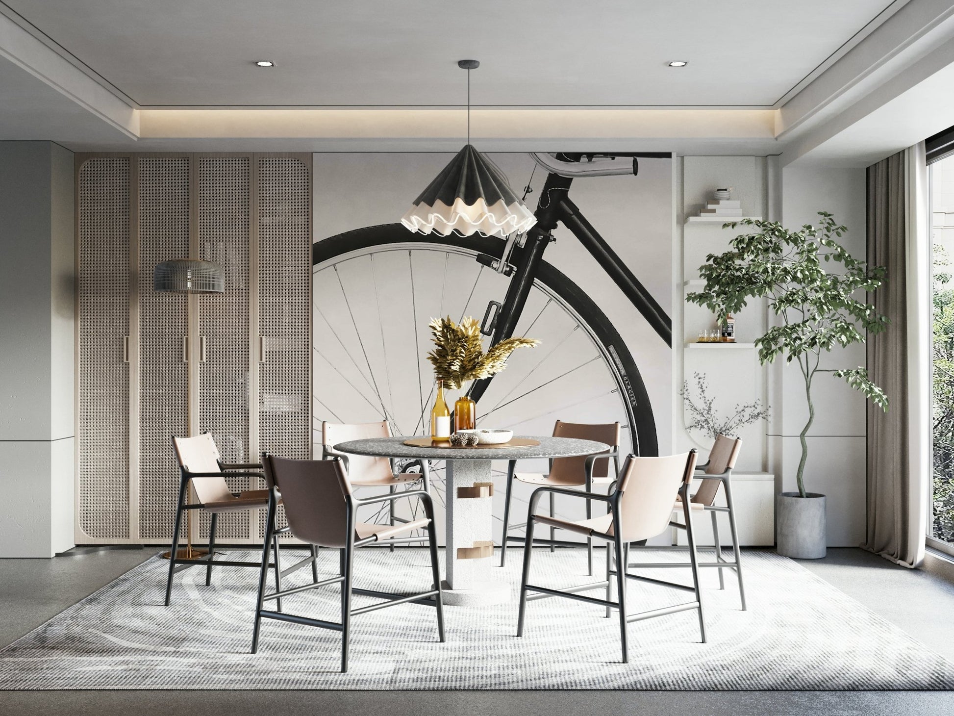 Pastel-colored bicycle mural with flower basket in kitchen nook

