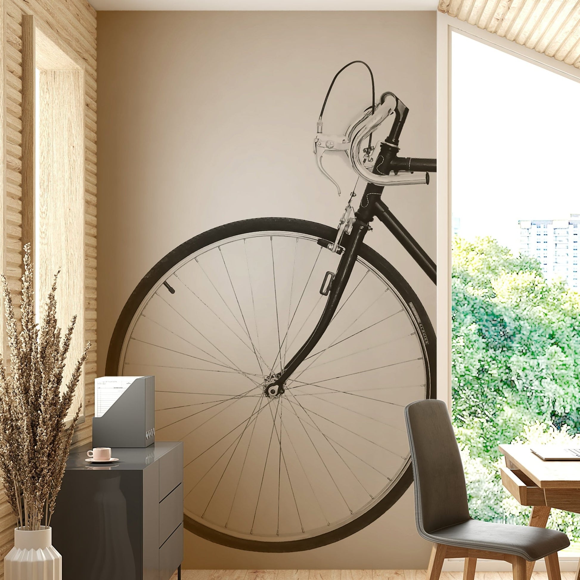 Black and white retro bicycle wall mural in minimalist decor

