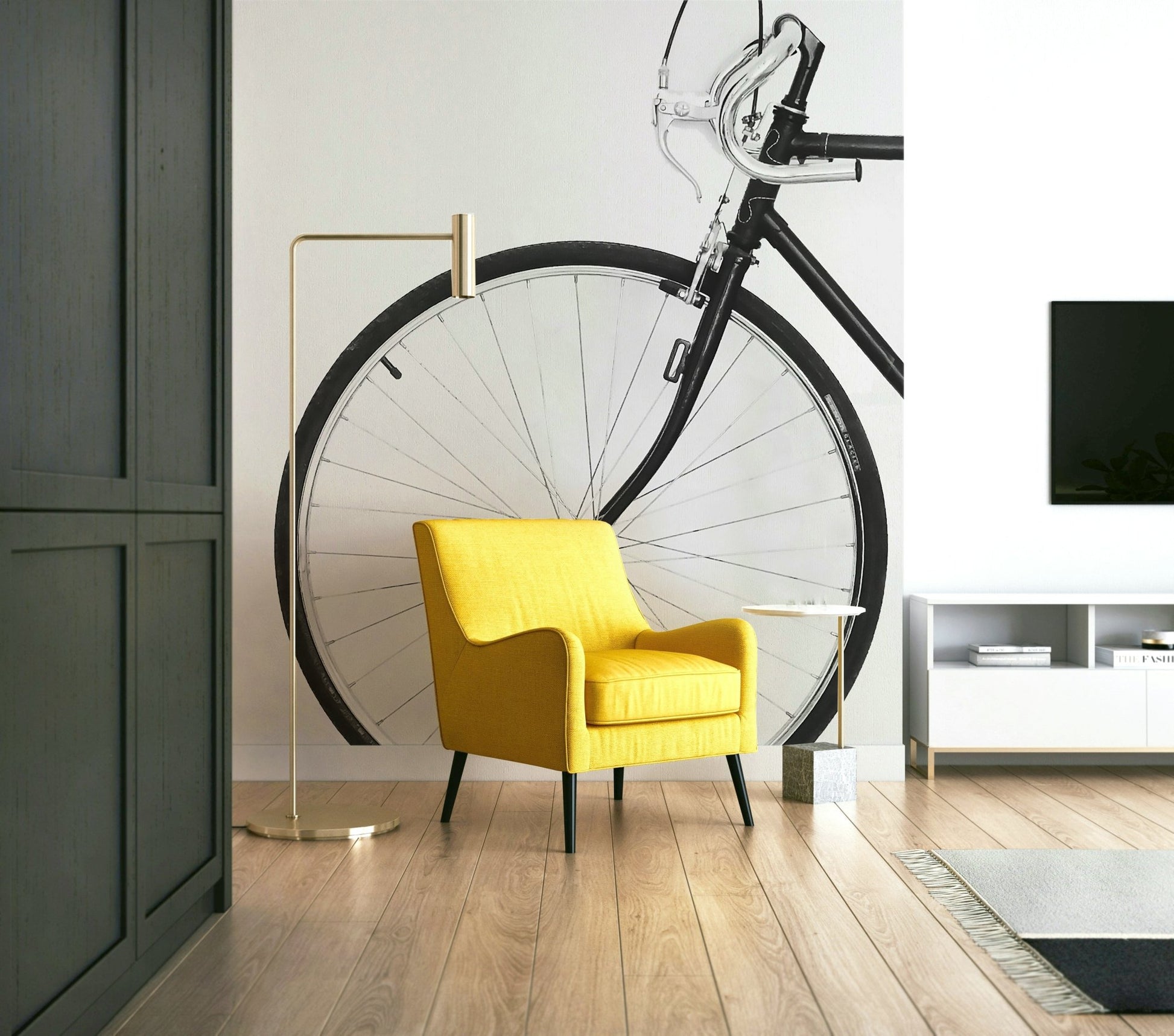 Urban cycling mural with graffiti-style background on loft wall

