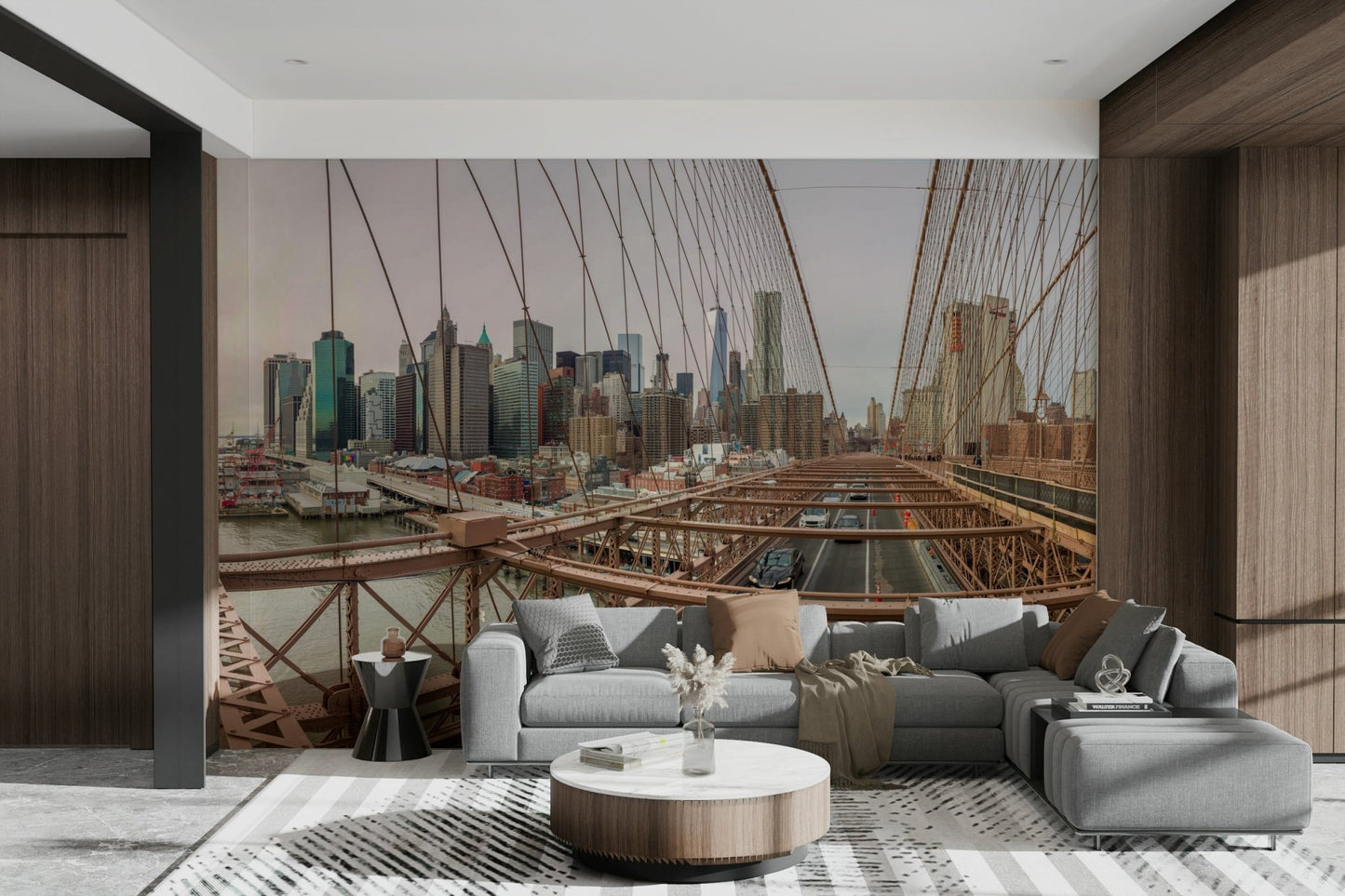 A wall mural featuring the New York City skyline.


