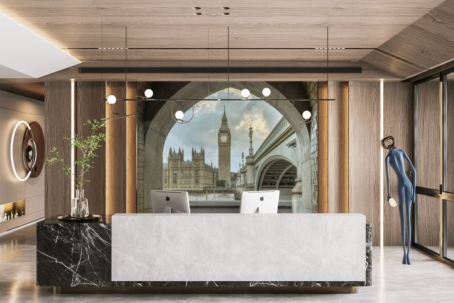 Framed by a weathered stone archway.

