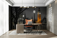 The clock face and lights are glowing brightly.

