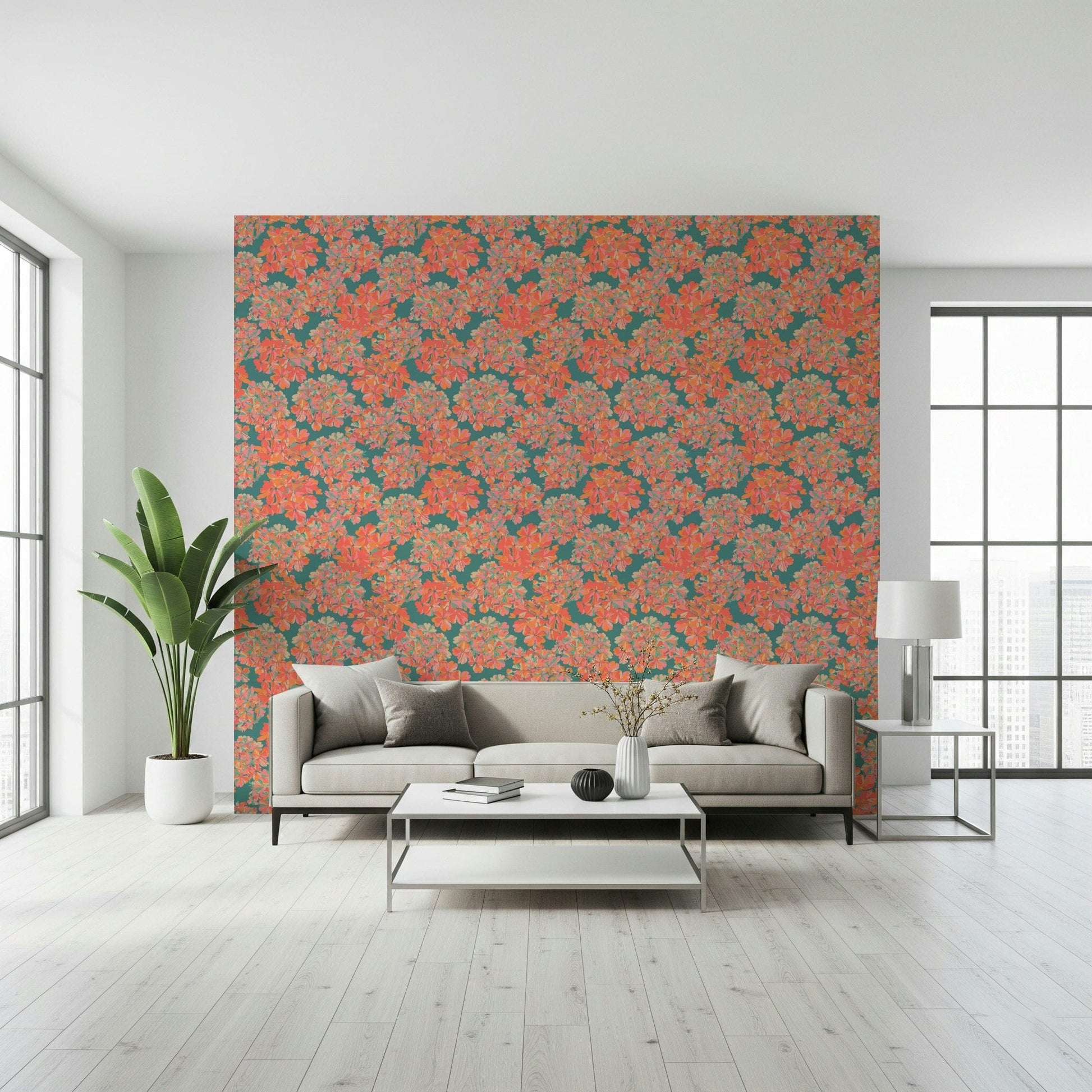 Big Bloom Hydrangeas Vintage English Floral Antique Apricot Teal Wallpaper⁠