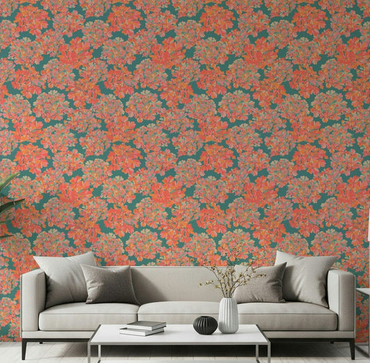 Living room glow with Big Bloom Hydrangeas wallpaper in antique apricot and teal
