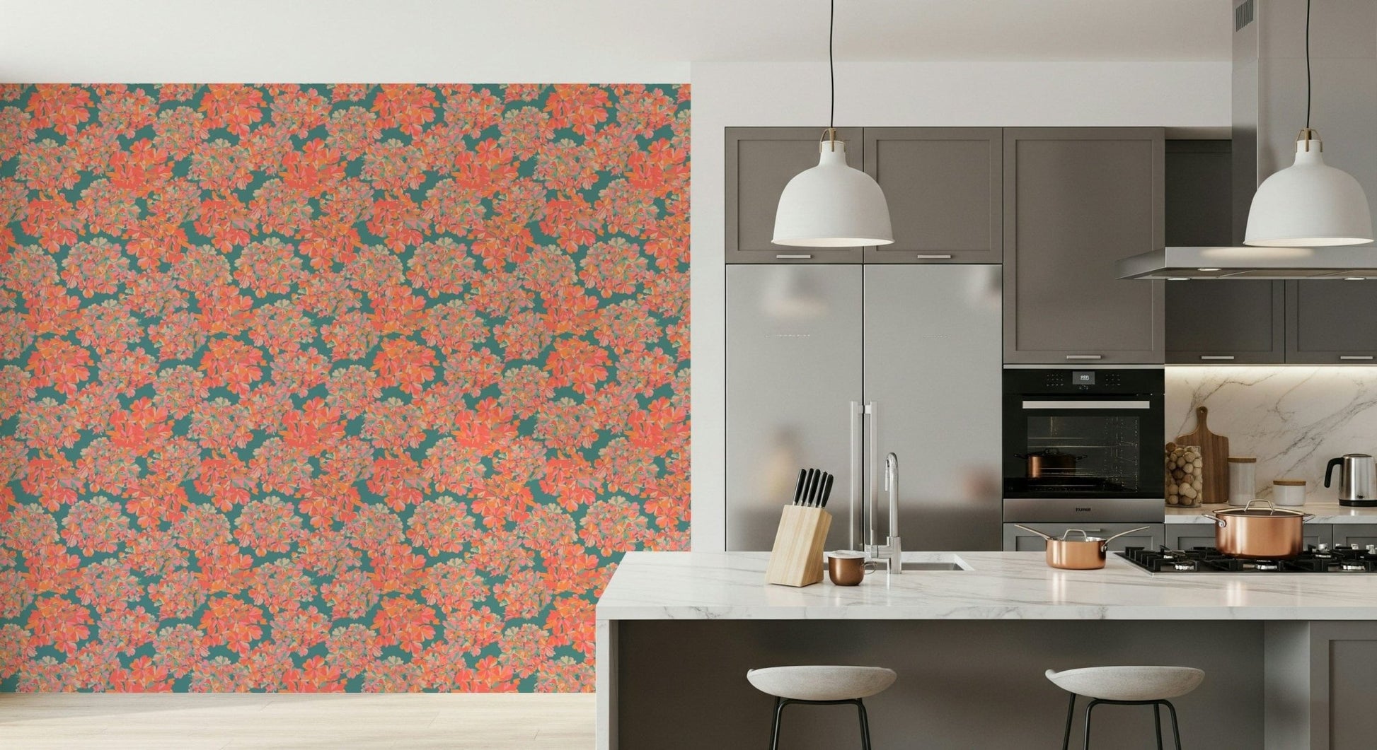 Big Bloom Hydrangeas Vintage English Floral Antique Apricot Teal Wallpaper⁠