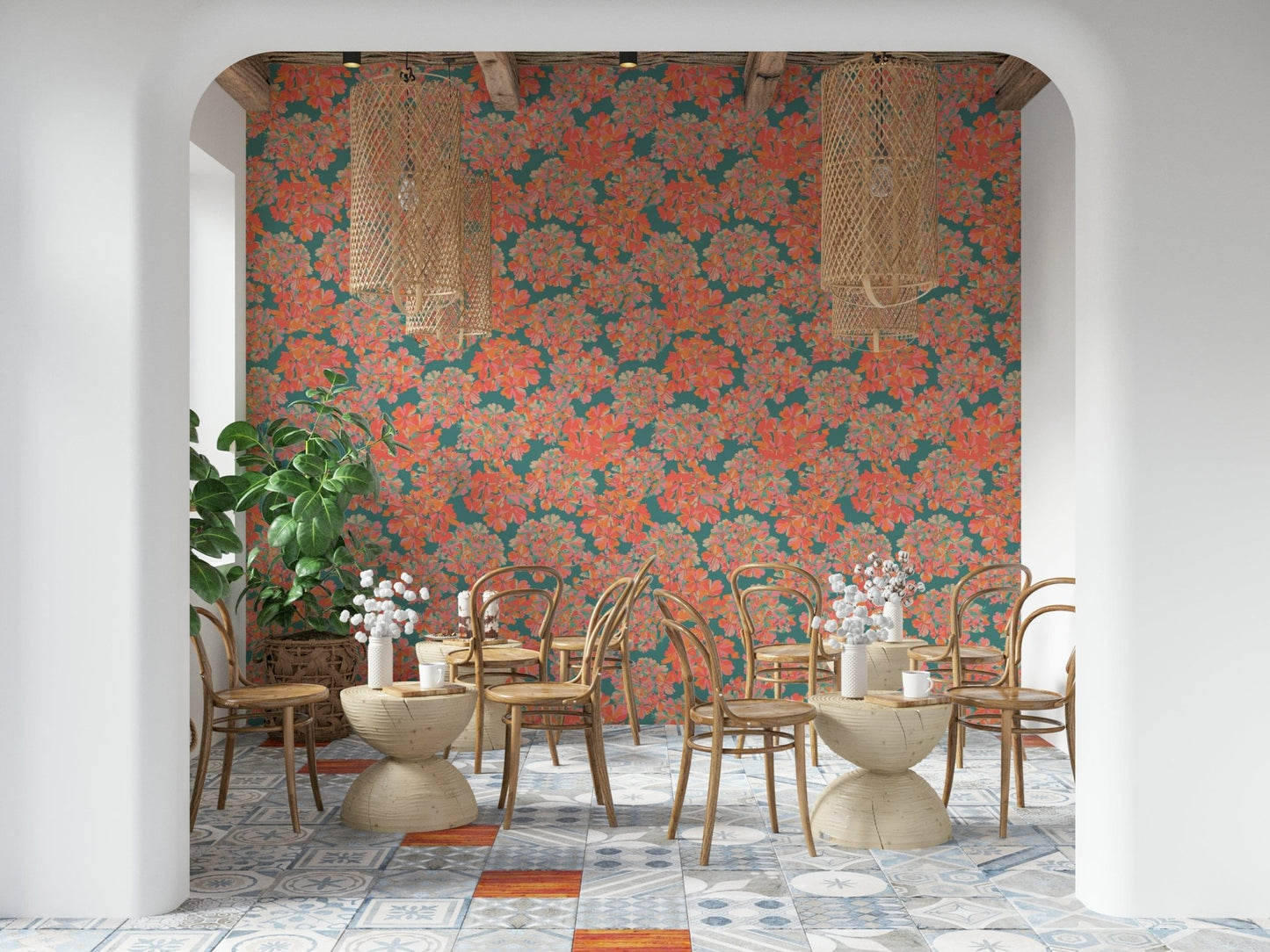Big Bloom Hydrangeas Vintage English Floral Antique Apricot Teal Wallpaper⁠