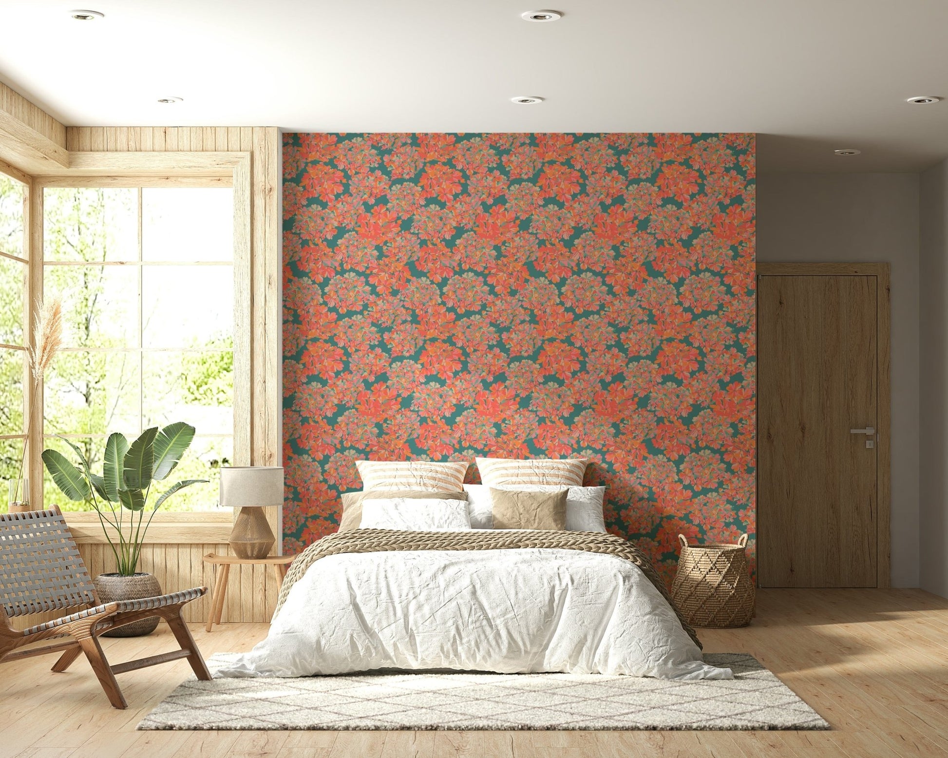 Big Bloom Hydrangeas Vintage English Floral Antique Apricot Teal Wallpaper⁠