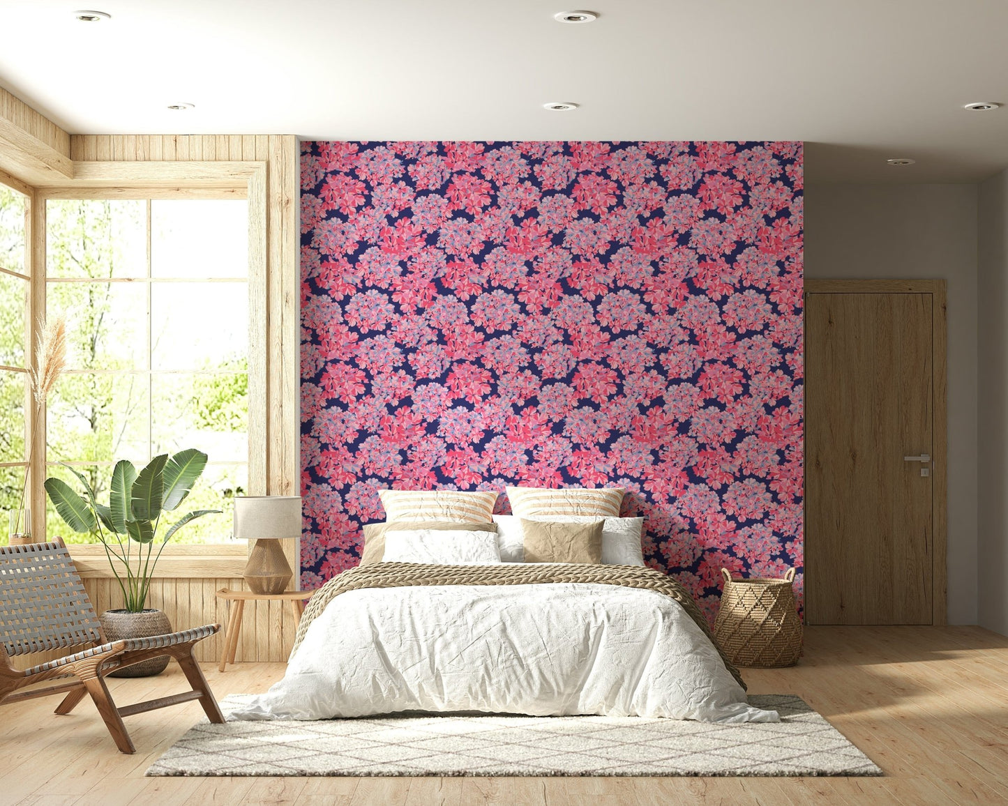 Big Bloom Hydrangeas wallpaper, motley hues, sophisticated dark design.
