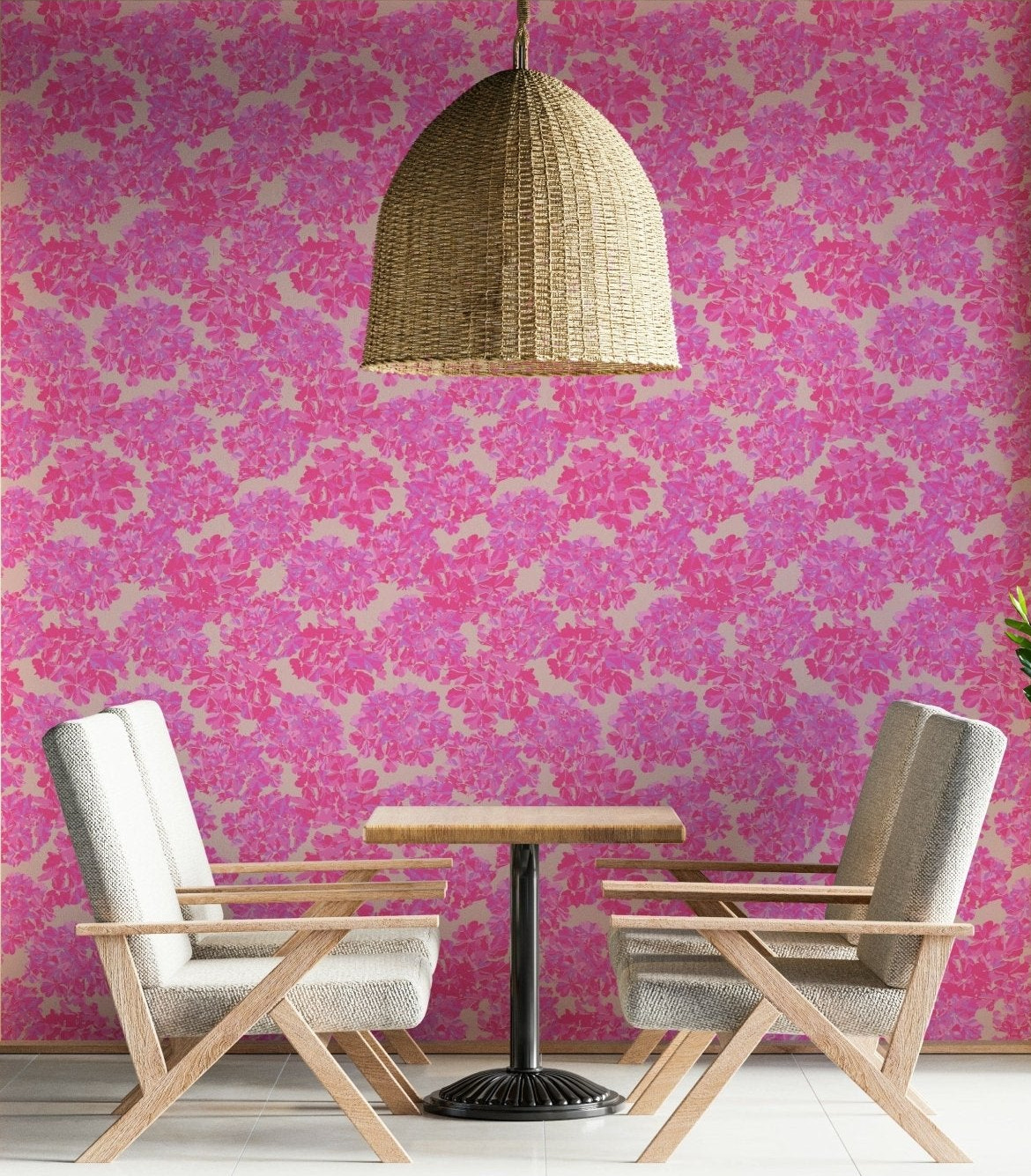 In the dining room, antique rose floral wallpaper adds full bloom movement and depth