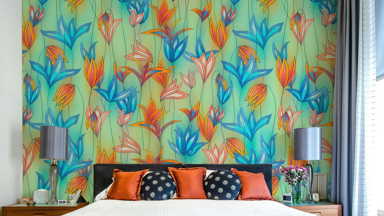 Large blue and orange wildflowers wallpaper pattern

