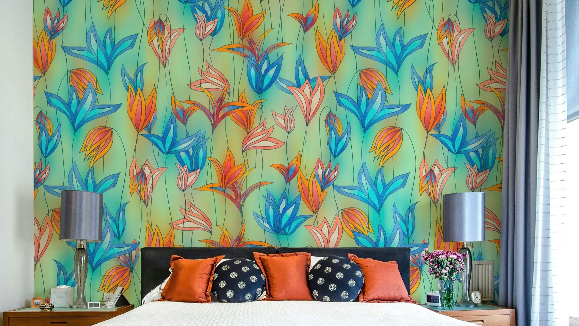Large blue and orange wildflowers wallpaper pattern

