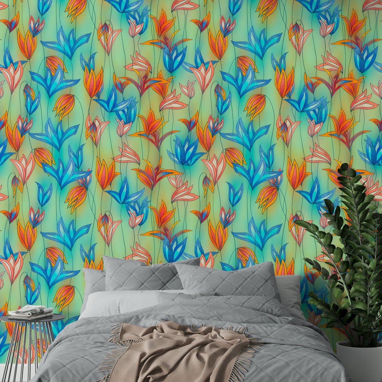 Big Bold Wildflowers wallpaper green detail

