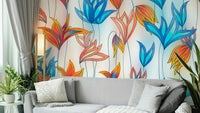 Large blue and orange wildflower wallpaper pattern

