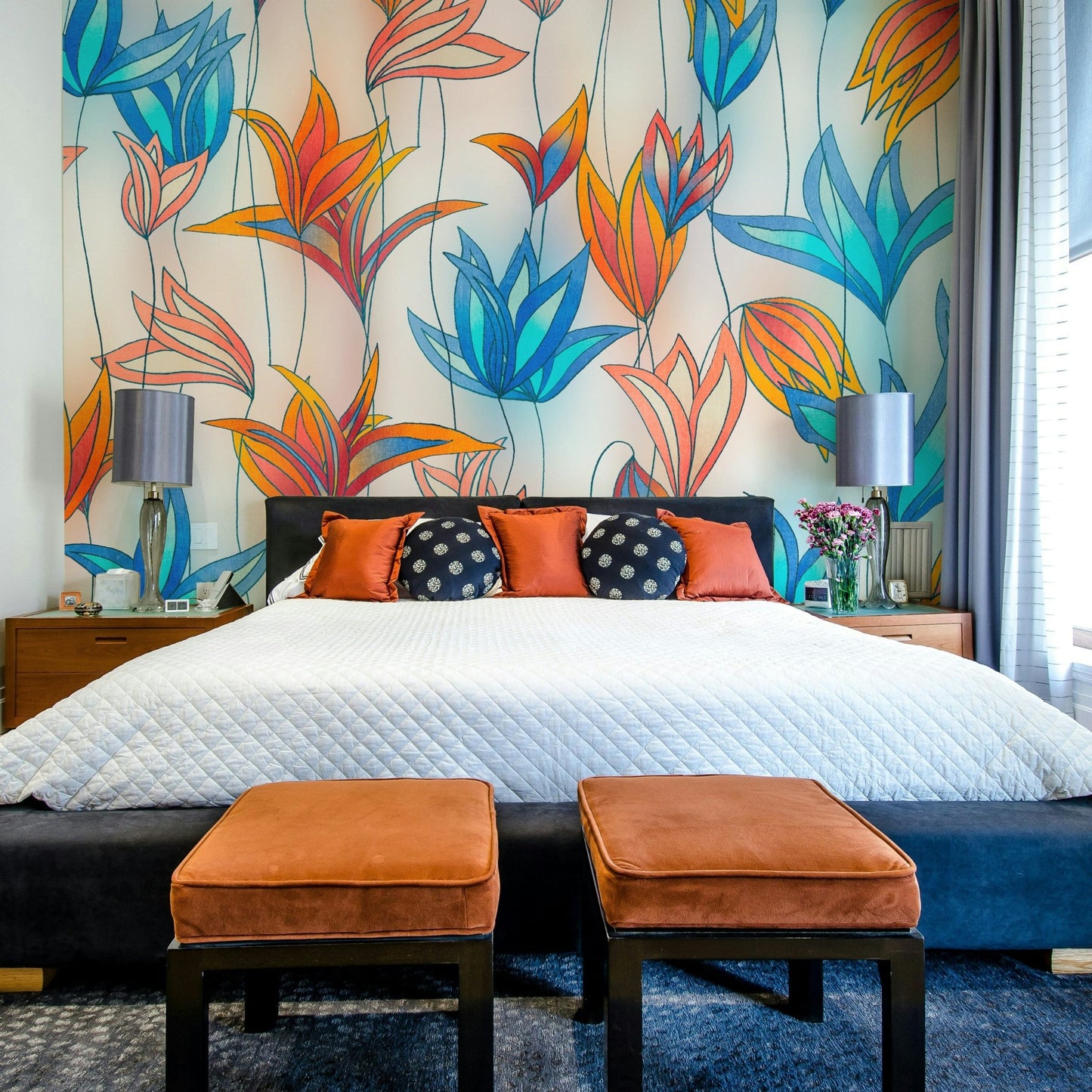 Contemporary wallpaper with large floral motifs

