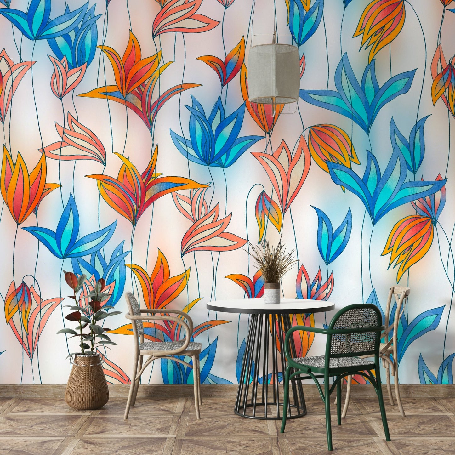 Vibrant floral wallpaper with bold shapes

