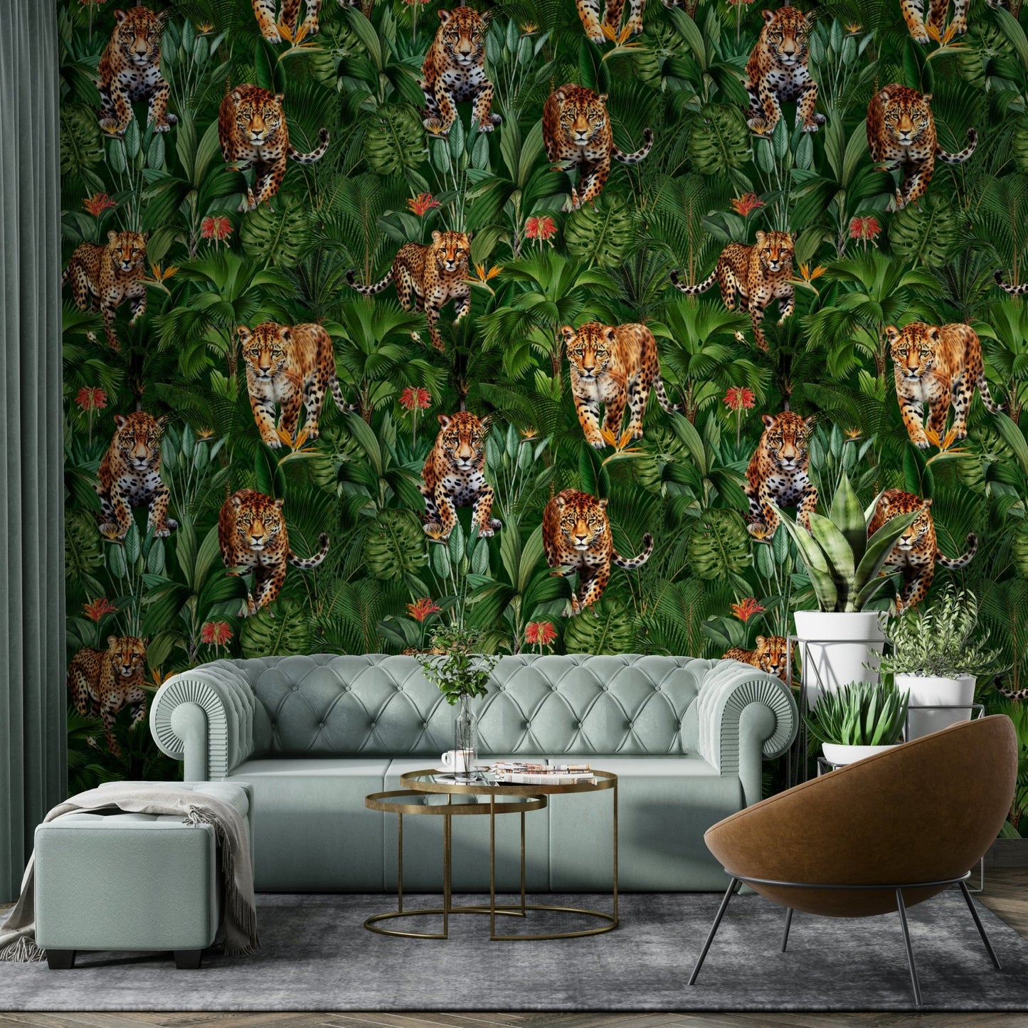 Fierce tiger wallpaper design in dense jungle setting

