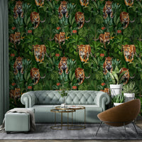 Fierce tiger wallpaper design in dense jungle setting

