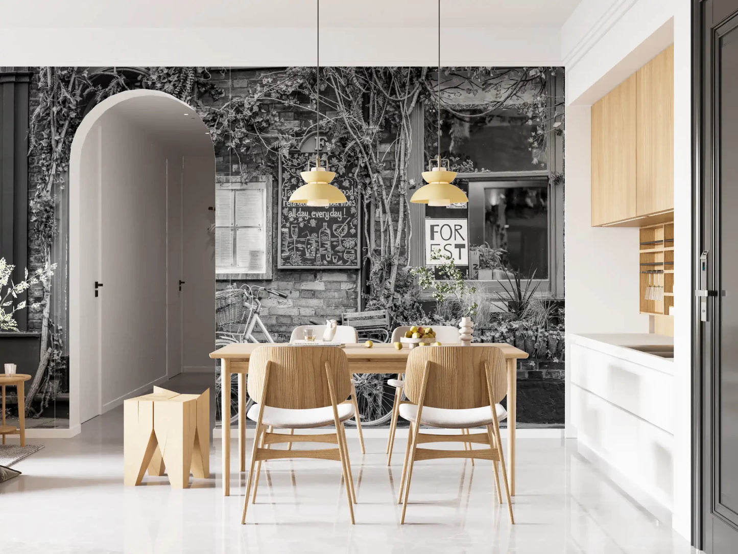 Dining area with Bike at the Cafe Wall Mural and soft outdoor cafe charm