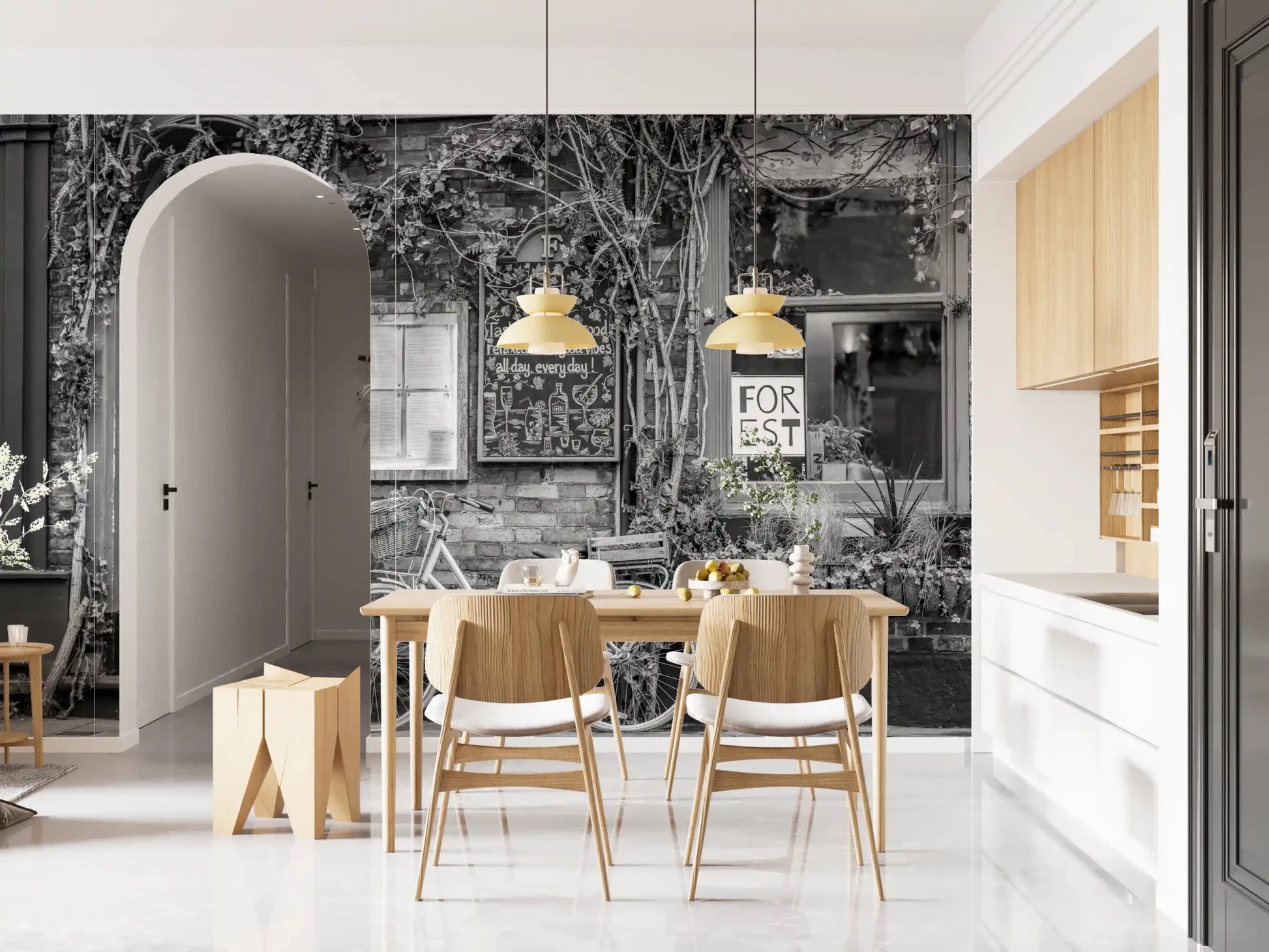 Dining area with Bike at the Cafe Wall Mural and soft outdoor cafe charm