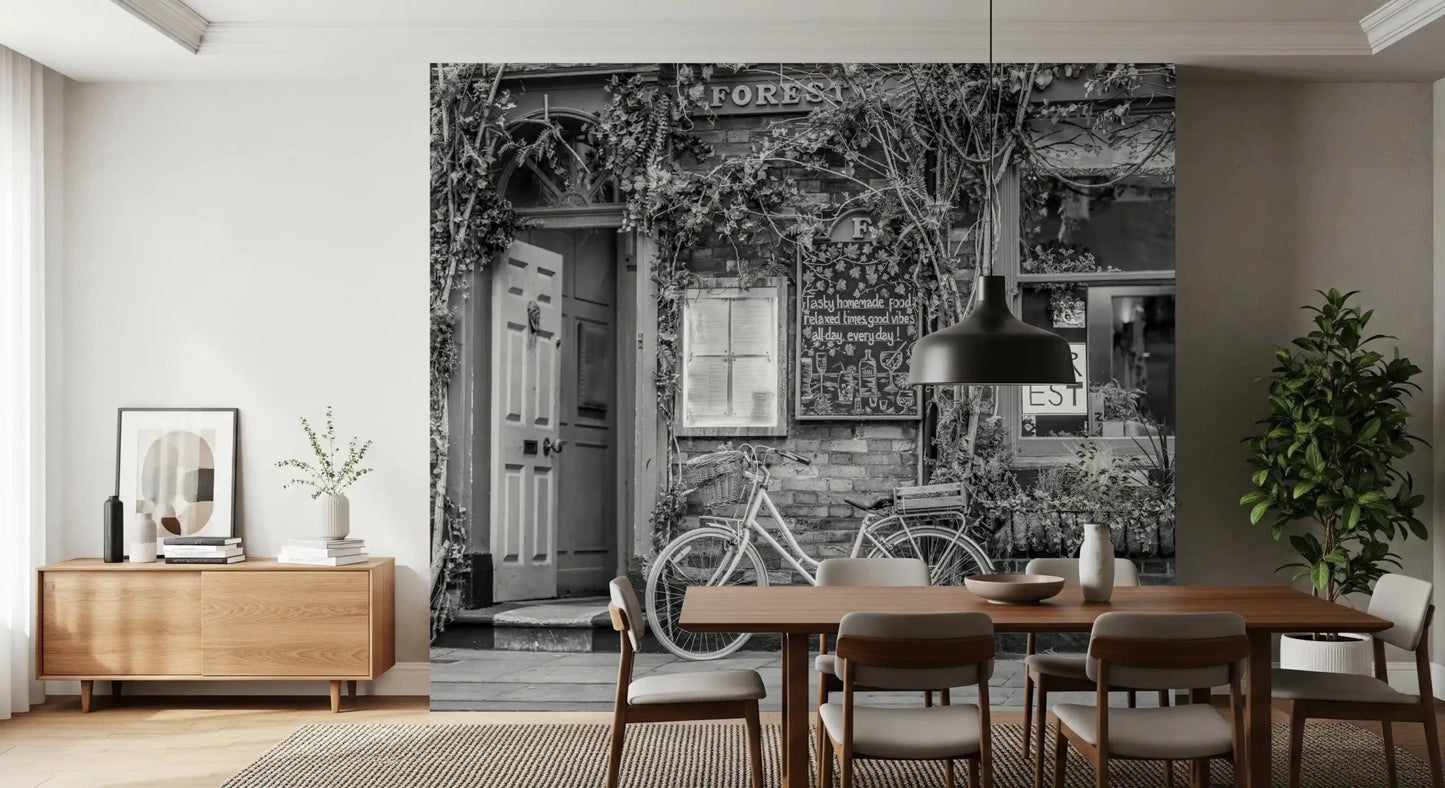 Dining room with Bike at the Cafe Wall Mural and a relaxed urban backdrop