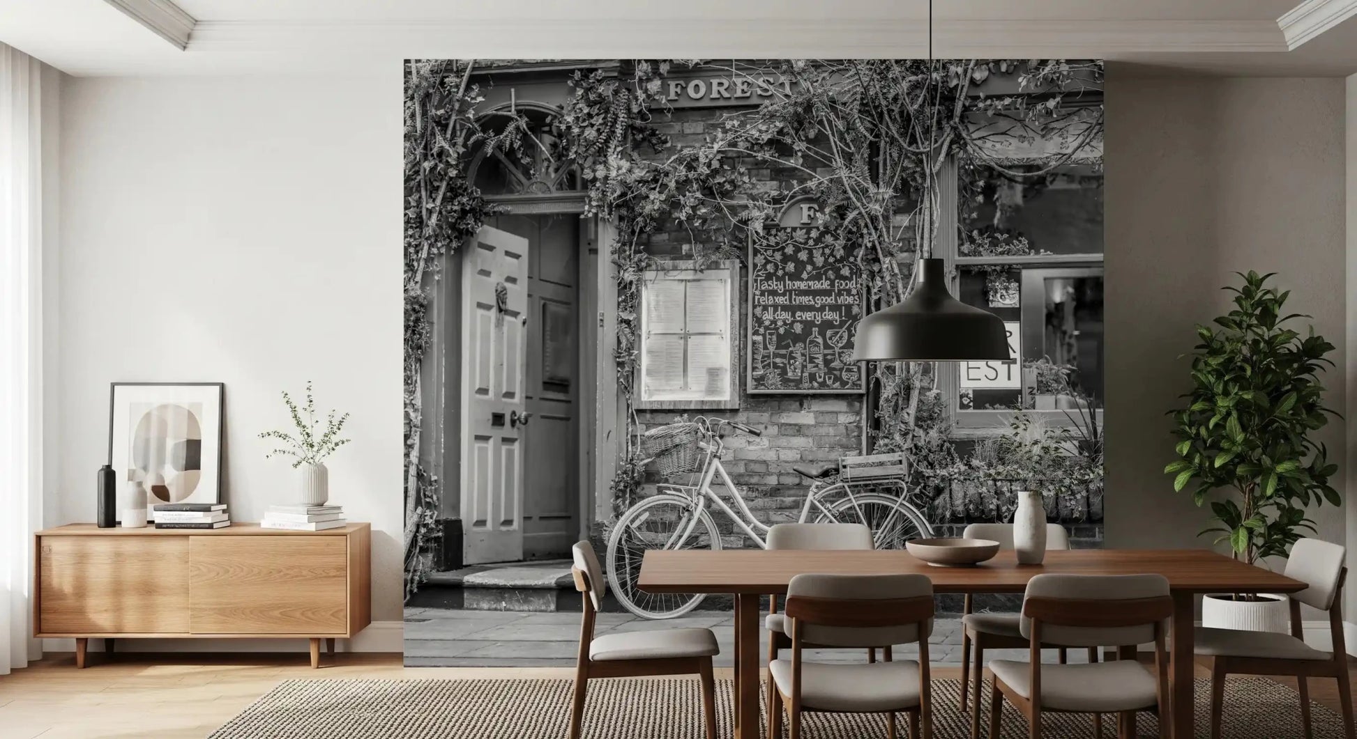 Dining room with Bike at the Cafe Wall Mural and a relaxed urban backdrop
