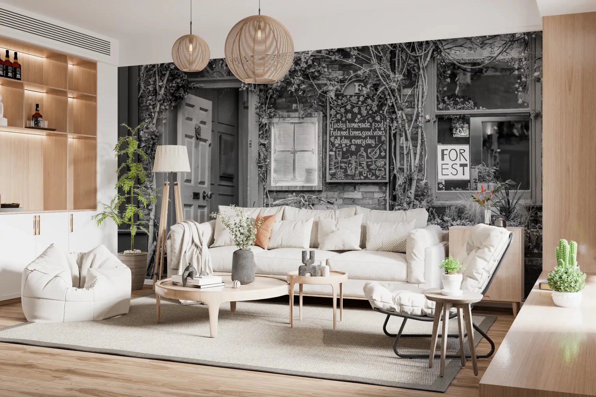 Living room with Bike at the Cafe Wall Mural and warm monochrome street views