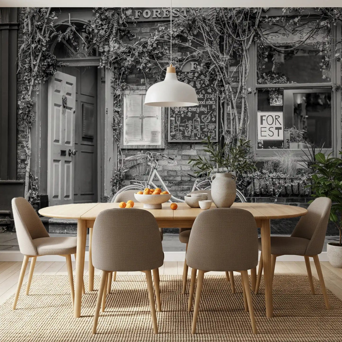 Dining nook with Bike at the Cafe Wall Mural and cozy cafe front details