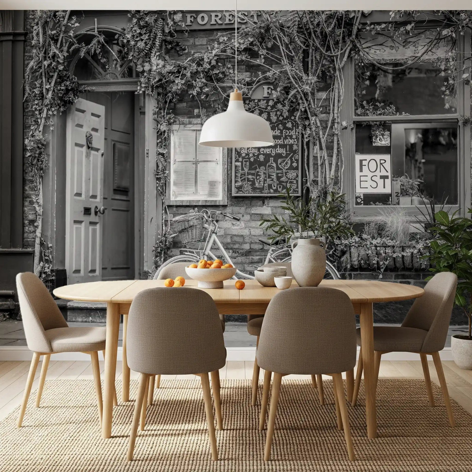 Dining nook with Bike at the Cafe Wall Mural and cozy cafe front details