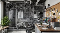 Workplace with Bike at the Cafe Wall Mural and a vintage storefront setting