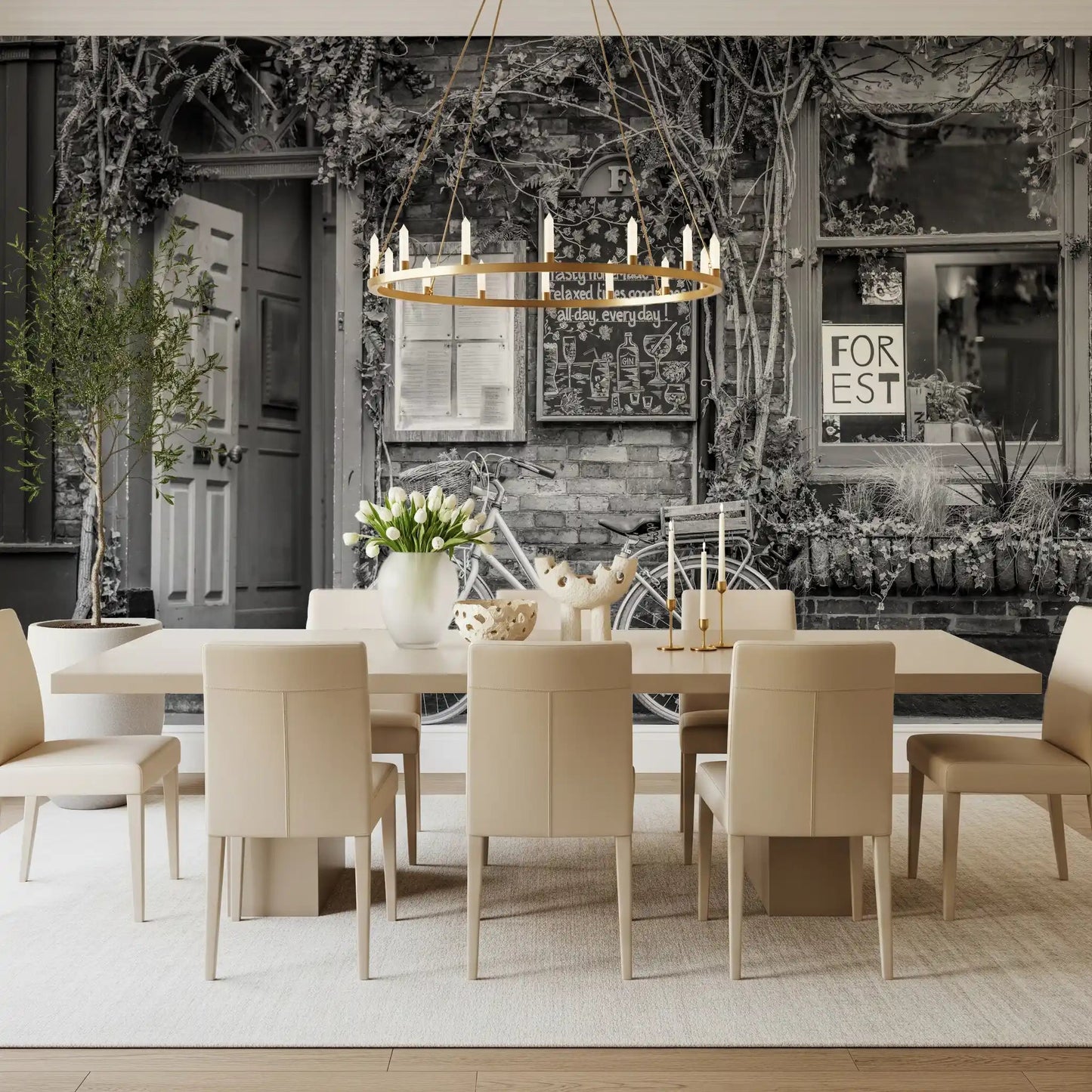Dining room with Bike at the Cafe Wall Mural and bright cafe window views