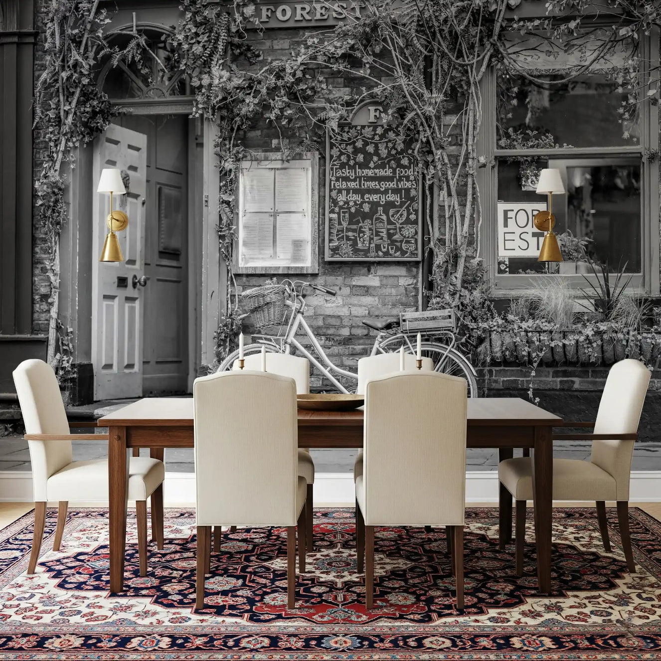 Dining room with Bike at the Cafe Wall Mural and a charming street scene