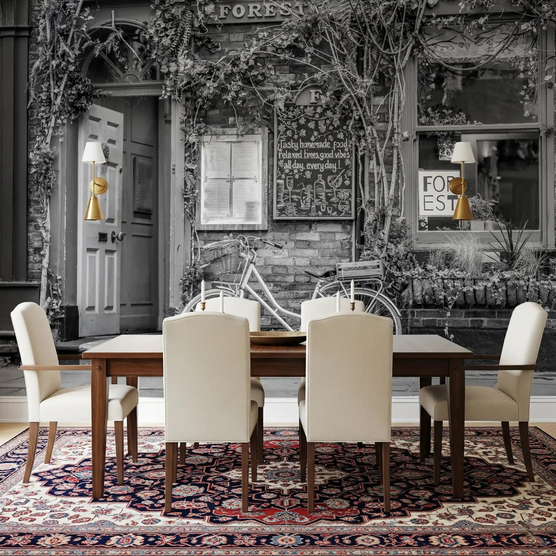 Dining room with Bike at the Cafe Wall Mural and a charming street scene