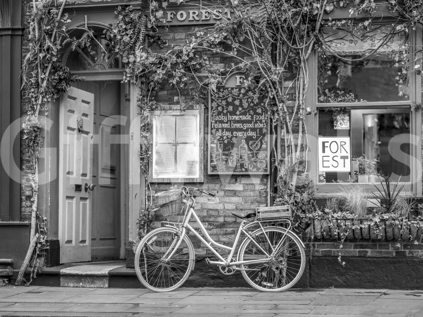 Monochrome cafe facade in Bike at the Cafe Wall Mural with parked cycle detail