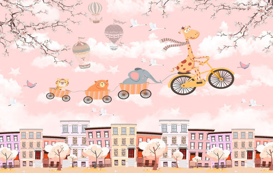 Animals on Cycle Self Adhesive Wallpaper for Kids Room