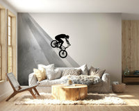 BMX stunt rider on vertical ramp

