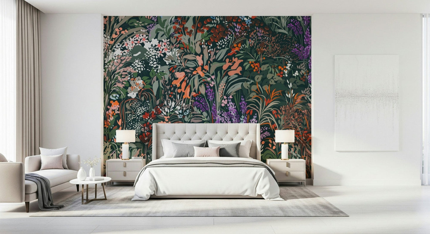 Botanical mural wallpaper in a quiet room., GD6488