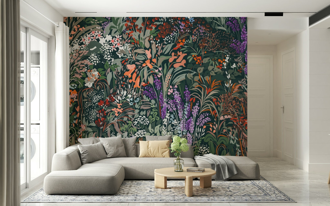 Biodiversity Canvas Wall Mural behind a comfortable seating area.
