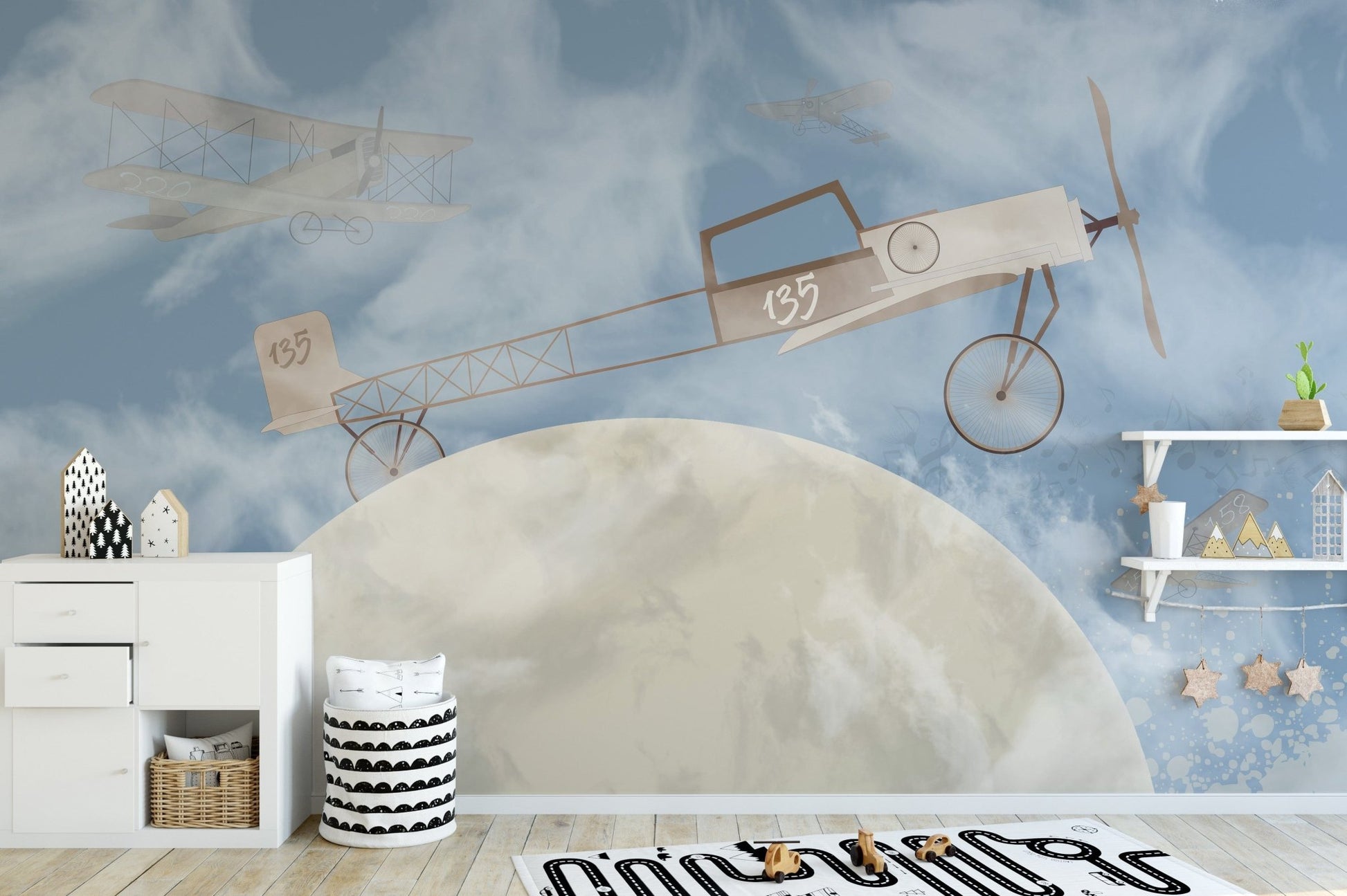 Vintage biplanes soaring on mural wallpaper A899