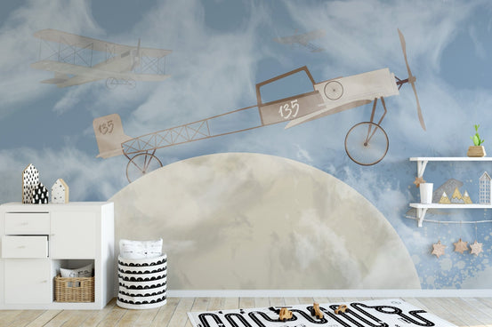 Vintage biplanes soaring on mural wallpaper A899