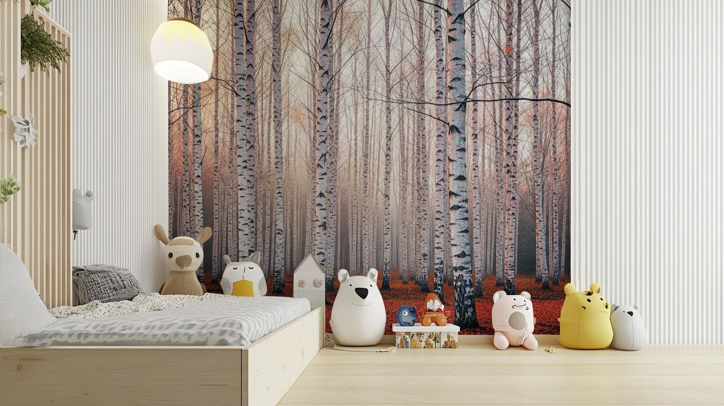 The design features tall, white birch trees with autumn leaves.

