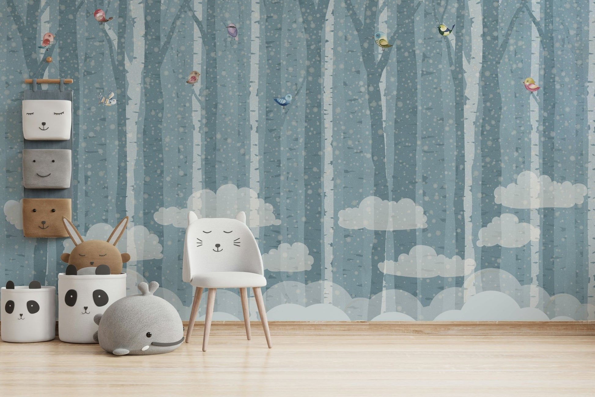 The birds are perched on branches or flying gracefully.

